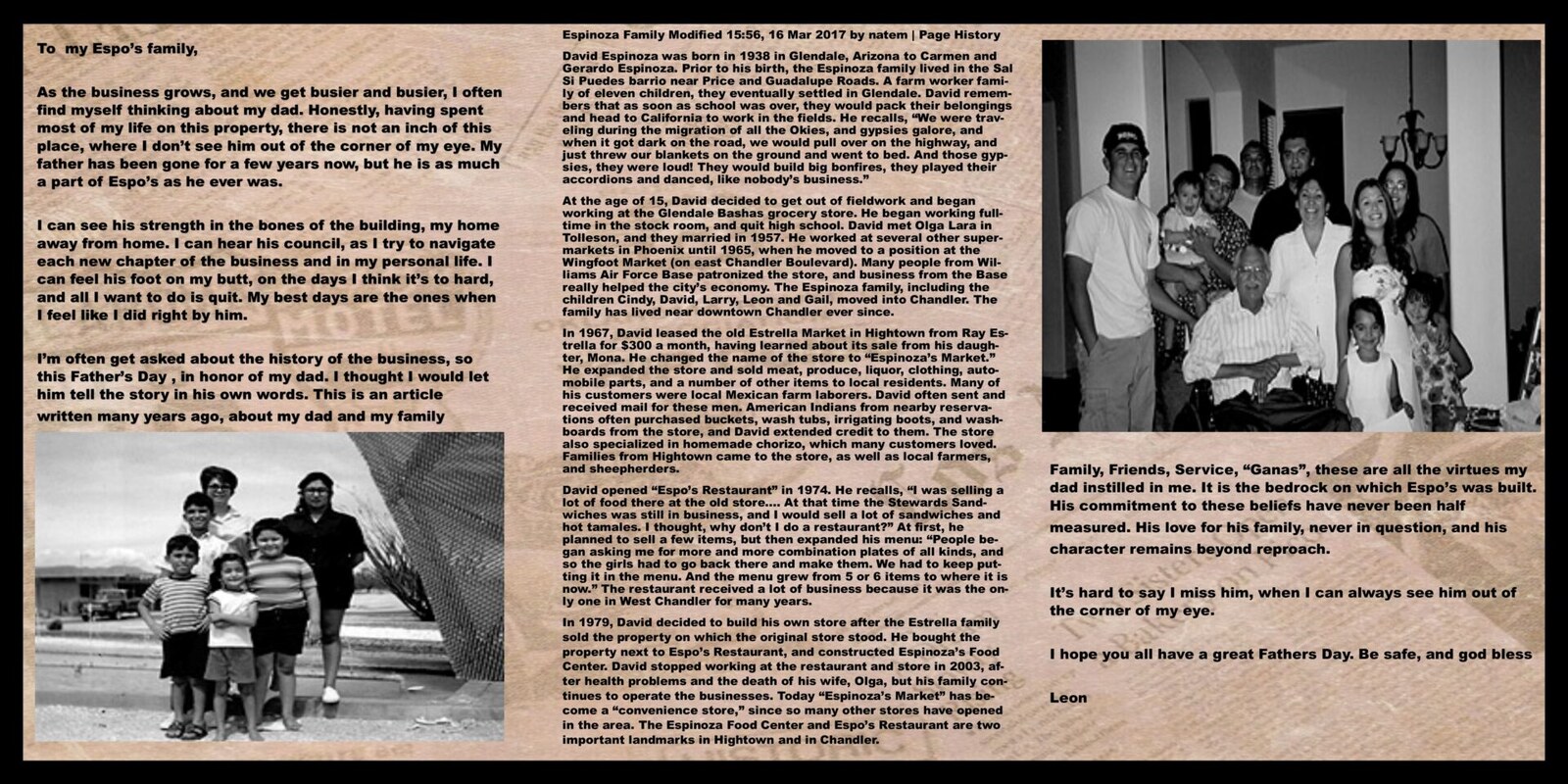 A written Espinoza family history beside a vintage photograph of the family