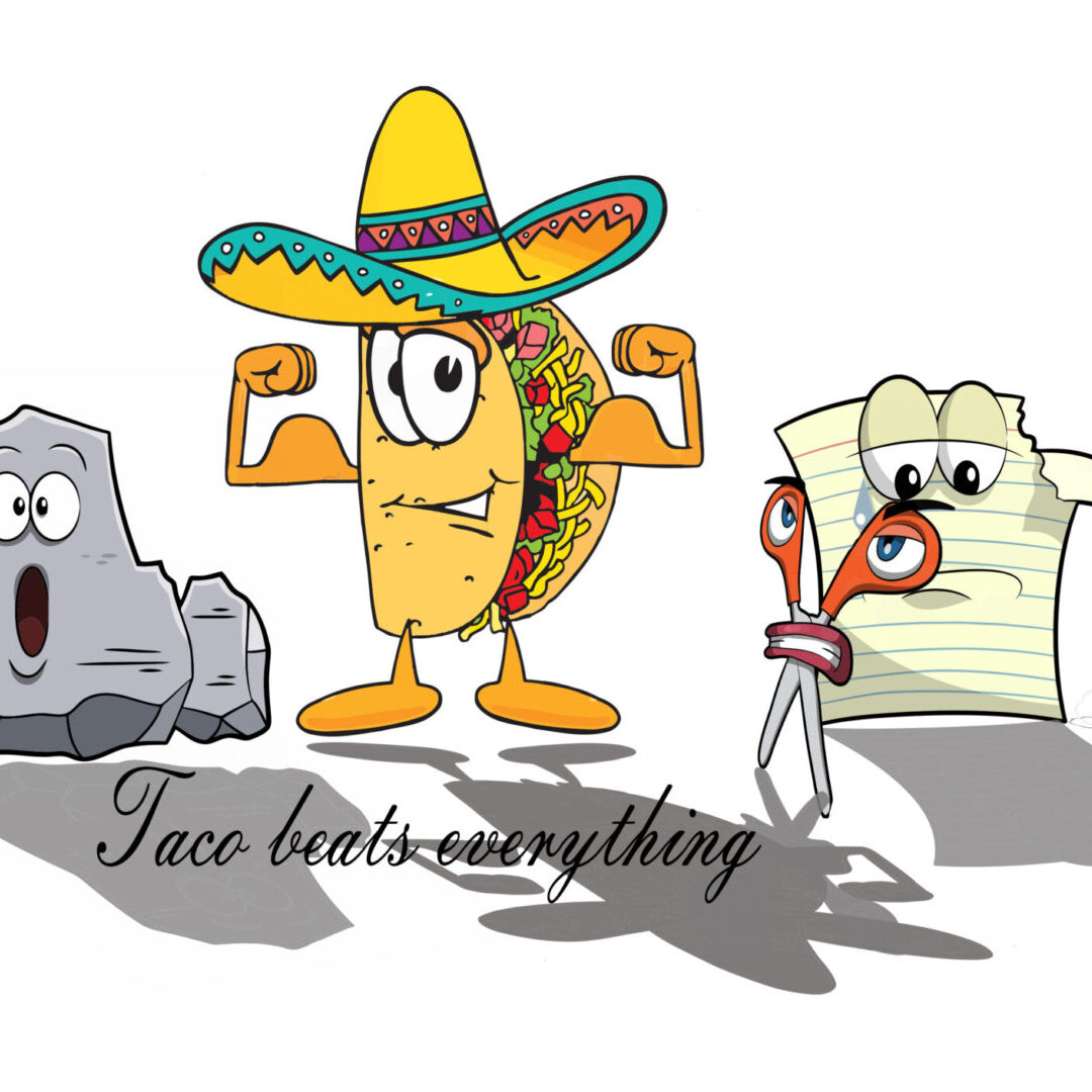 A taco is standing next to some papers