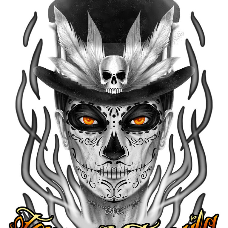 A skull with flames and a top hat.